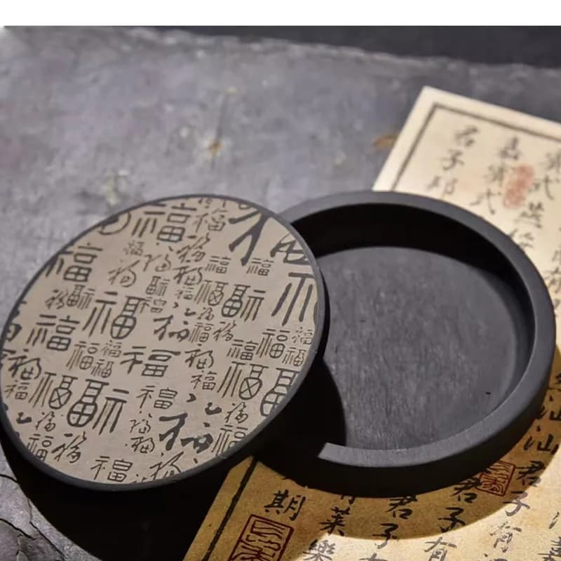 Rectangle Round Inkstone with Cover Natural Stone Student Calligraphy Set Beginner Soft Brush Writing Tool Desk Decor