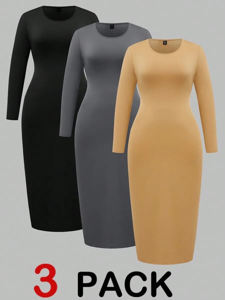 Set di 3 Abiti Aderenti a Maniche Lunghe per Donna - Nero, Grigio, Giallo Senape