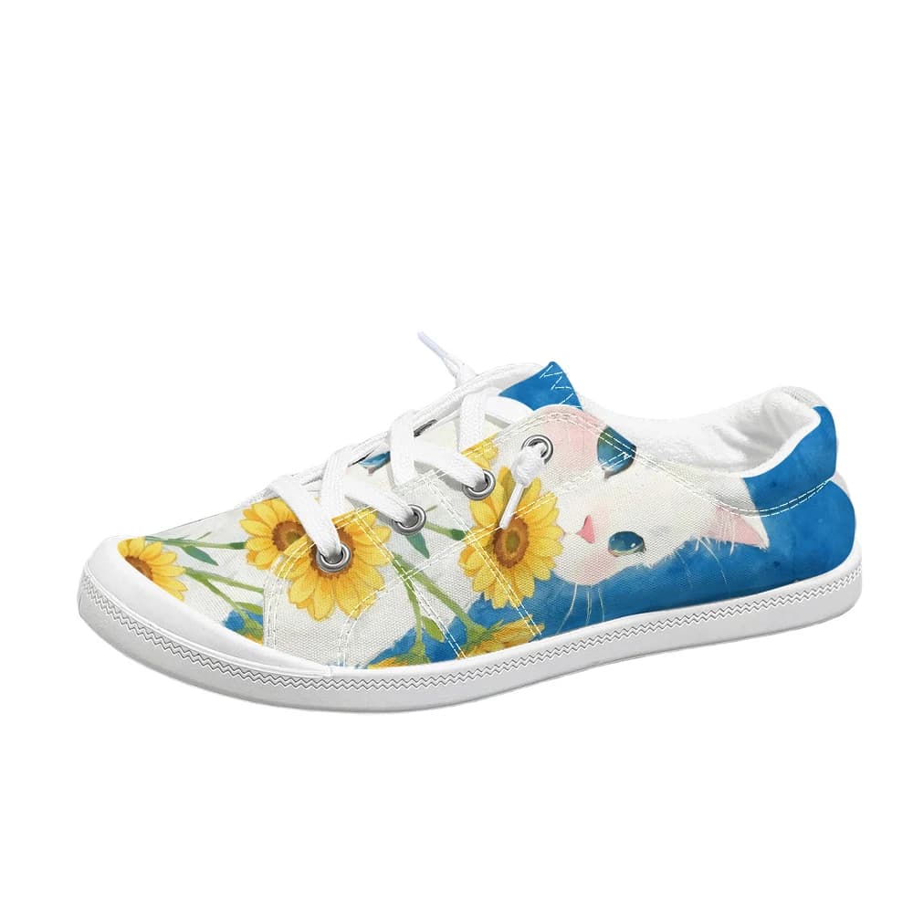 Women's Cute Cat and Sunflower Print Casual Sneakers Lace Up Soft Sole Shoes