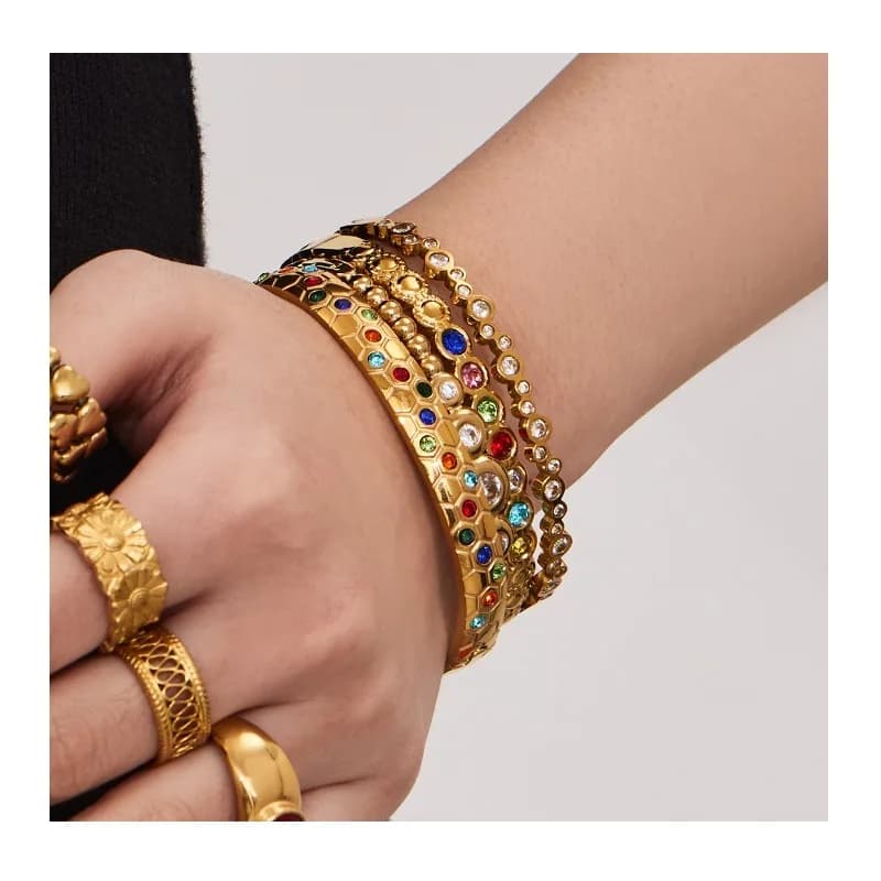 Bracciale con Fibbia a Nido d'Ape in Zircone Colorato, Acciaio Inossidabile Dorato, Lusso Leggero, Design Raffinato, Gioiello Femminile di Tendenza