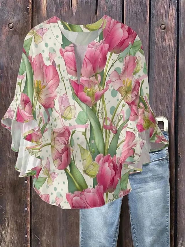 Camicetta da Donna con Stampa Floreale e Maniche a Volant, Nuovo Design, Casual, Elegante, Moda Femminile