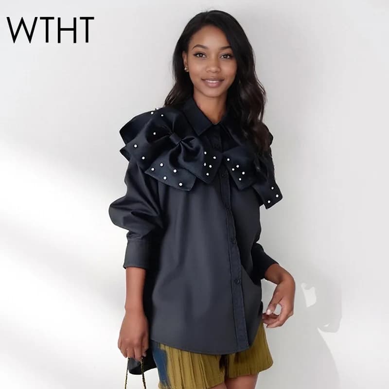 WTHT delle Nuove Donne di Modo Impiombato Archi 3D Design Camicia Casual 2025 Autunno Alla Moda Risvolto Maniche Lunghe Camicetta Femminile 1LS2588