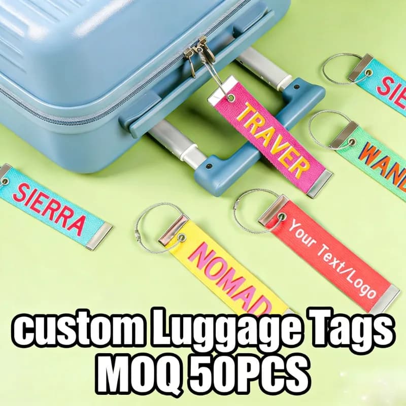 Etichette per bagagli personalizzate Cordino ricamato Nome personalizzato per valigia Borsa da viaggio Etichetta per bagagli Logo Rimuovi prima del volo RBF