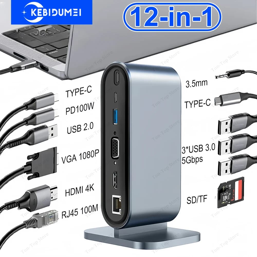 Docking station USB C 12 in 1 Adattatore TIPO C a HDMI 4K HD PD 100W VGA RJ45 Splitter USB 3.0 SD TF da 3,5 mm per laptop MacBook