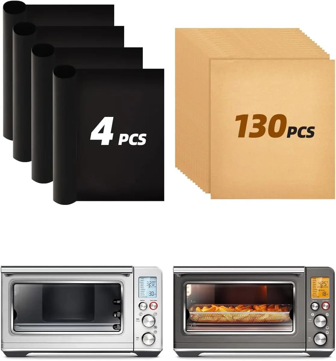 130 Non-stick Paper Sheets and 4 Teflon Oven Mats Reusable for Oven and Air Fryer Breville, PFOA-Free Adhesives