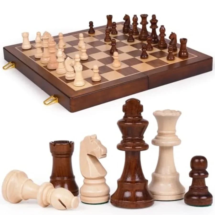 Grande Set di Scacchi in Legno da 17 Pezzi per Gioco di Strategia Familiare, Scacchiera Pieghevole in Legno Massiccio con Pezzi Intagliati a Mano, Re Alto 3,25 Pollici, Legno Naturale