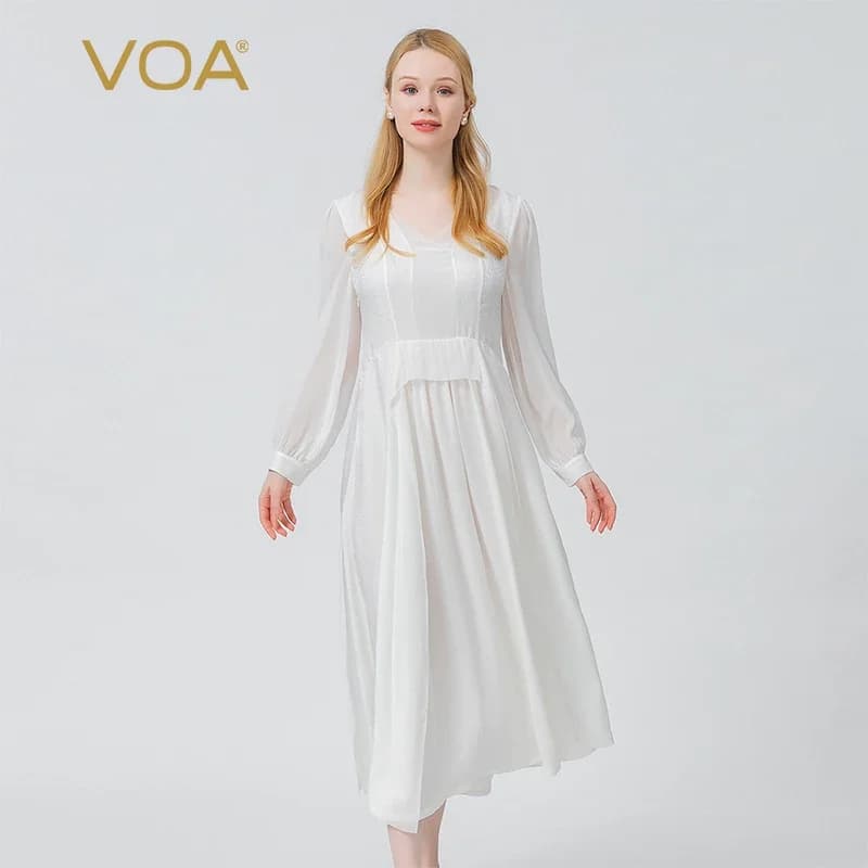VOA Jacquard di seta Night Thinking Camicia pullover bianca con scollo a V Manica lunga Tinta unita Lady Princess Abito grande a pendolo AE1031