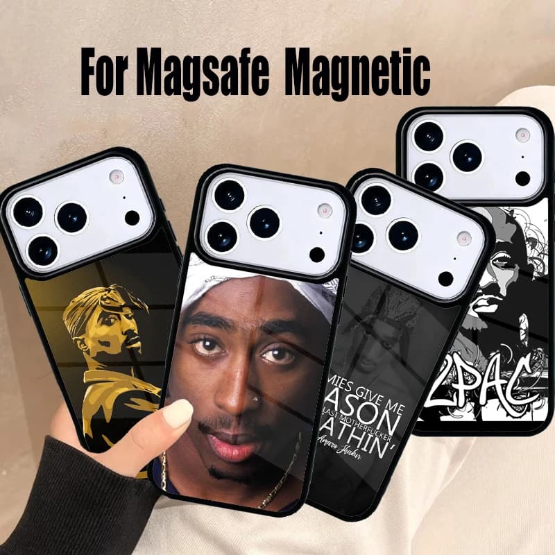 Cover Morbida per iPhone 17 Air 16e 15 14 13 12 11 Pro Max Plus con Design Rapper 2pac Tupac Shakur, Cover Magnetica Wireless Magsafe