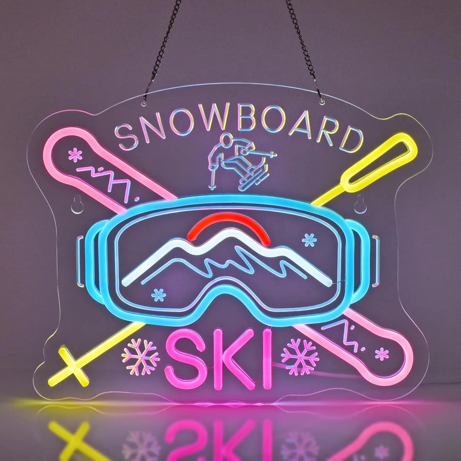 Insegna Luminosa al Neon per Sci e Snowboard, Chalet, Lodge, Resort di Montagna, Bar Sportivo, Decorazione da Parete con Alimentazione USB e Luce Dimmerabile