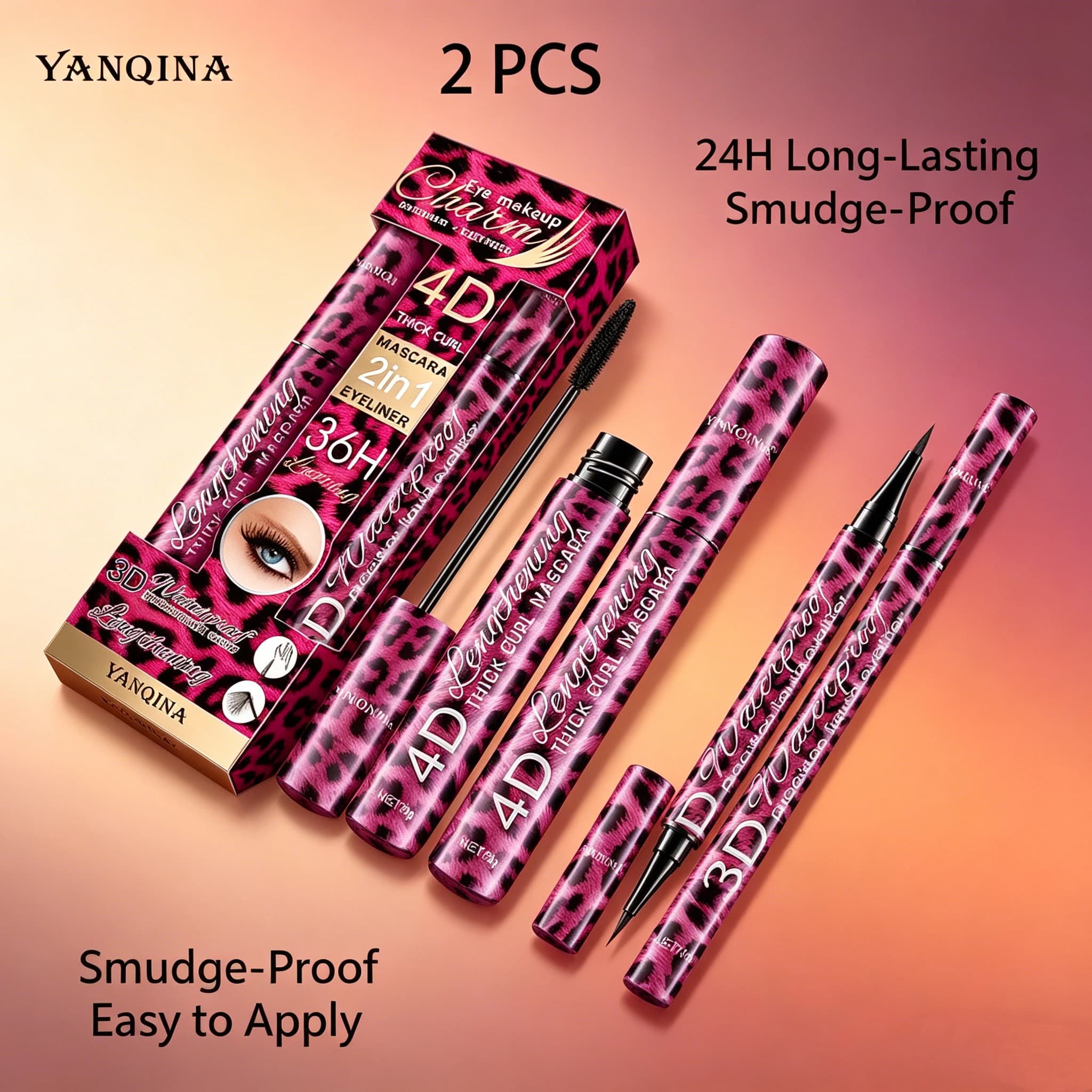 Set di 2 mascara 4D + eyeliner liquido, impermeabile, resistente al sudore e alle sbavature, allungante, volumizzante, incurvante, a lunga durata.