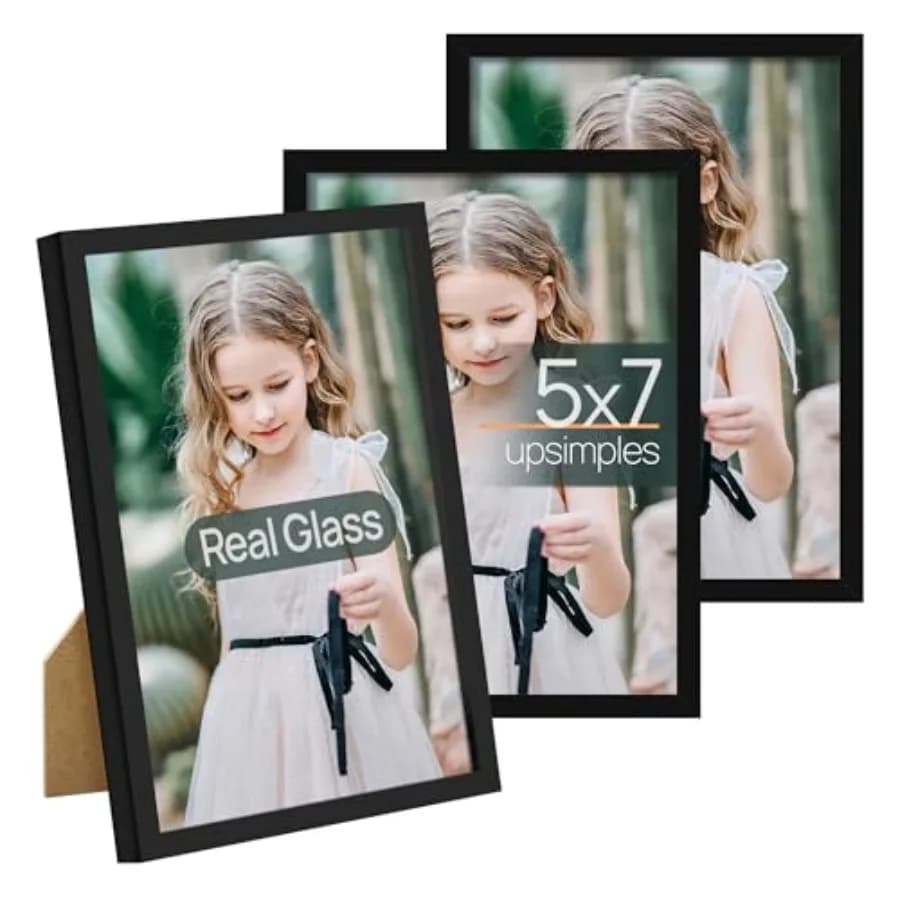Set di 3 Cornici per Foto 5x7 in Vetro ad Alta Definizione, Cornici Nere 5x7 per Esposizione a Parete e da Tavolo, Cornice Fotografica con Bordo Sottile