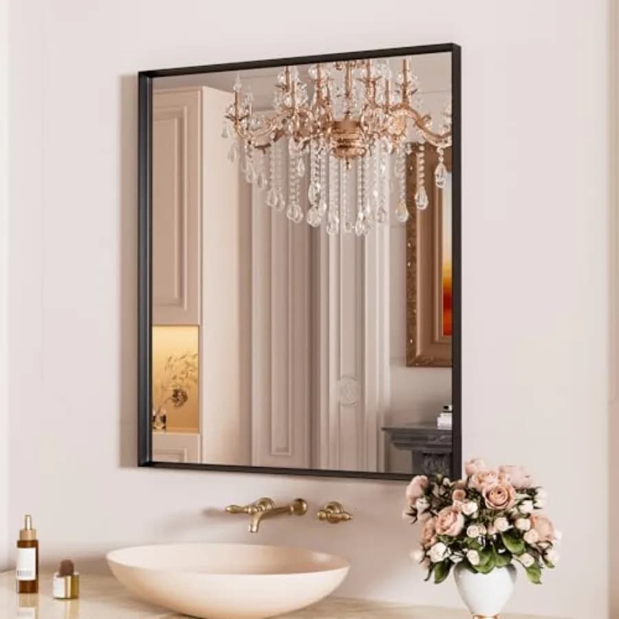 Specchio da bagno nero, specchio da toeletta in metallo nero 24x28 pollici, vetro temperato, angoli squadrati, stile rustico, ingresso, montaggio a parete