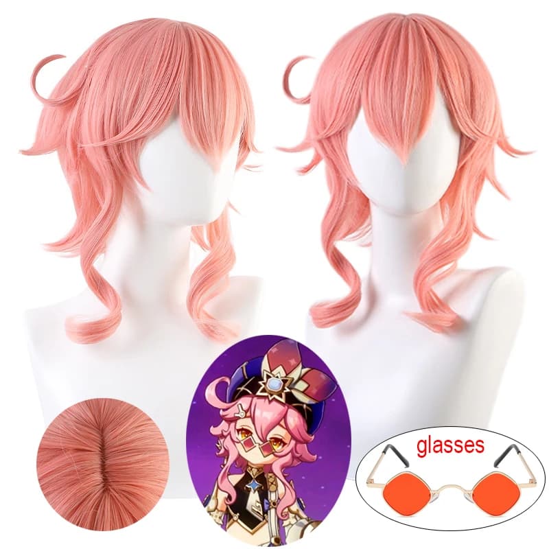 Genshin Dori Parrucca Cosplay Occhiali Set Gioco Impact Dori Cosplay Capelli lunghi rosa con occhiali da sole Parrucche Cos di Halloween per donne e ragazze