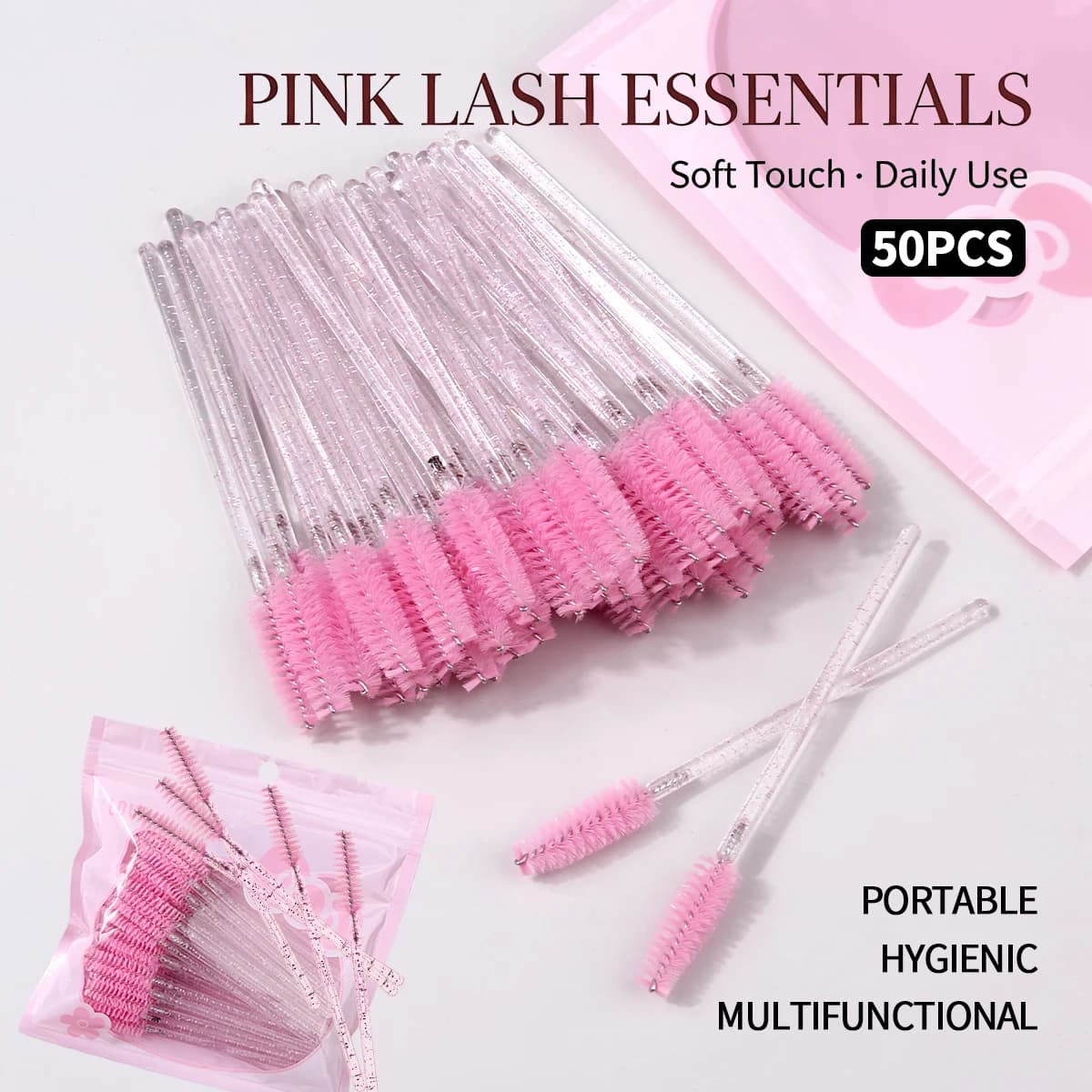 50Pcs Disposable Lash Spoolie Brushes Glitter Crystal Handle Eyelash Mascara Wands Eyebrow Comb Makeup Tools with Storage Bag