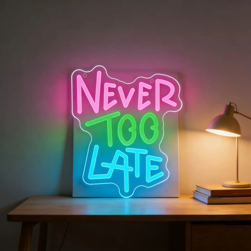 Insegna al Neon 'Never Too Late' con LED Dimmerabile USB, Decorazione da Parete per Sala Giochi, Camera da Letto, Soggiorno, Bar, Feste e Regali