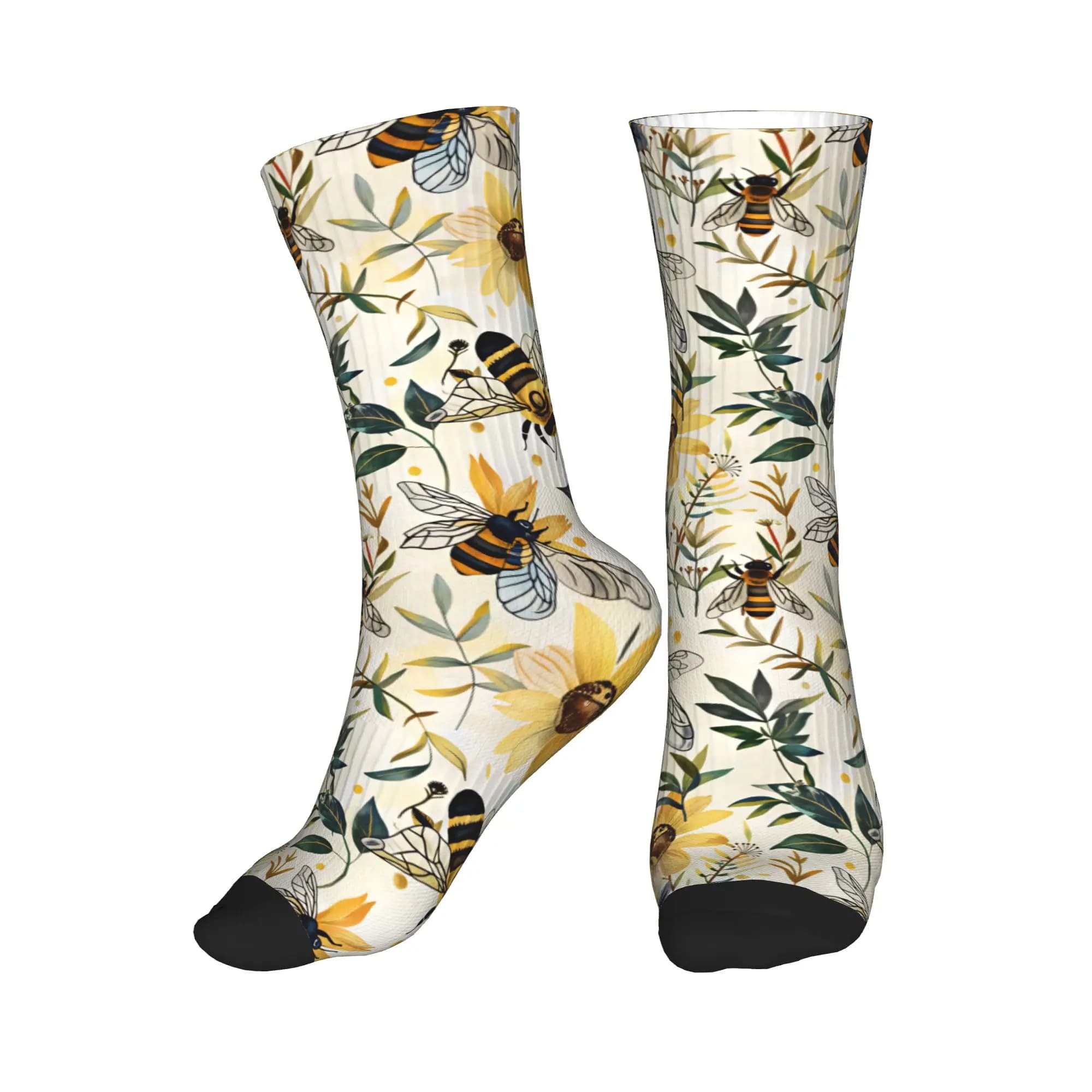 Watercolor Floral Honeycomb Bee Pattern Dress Socks for Men Women Warm Fashion Novelty Crew Socks