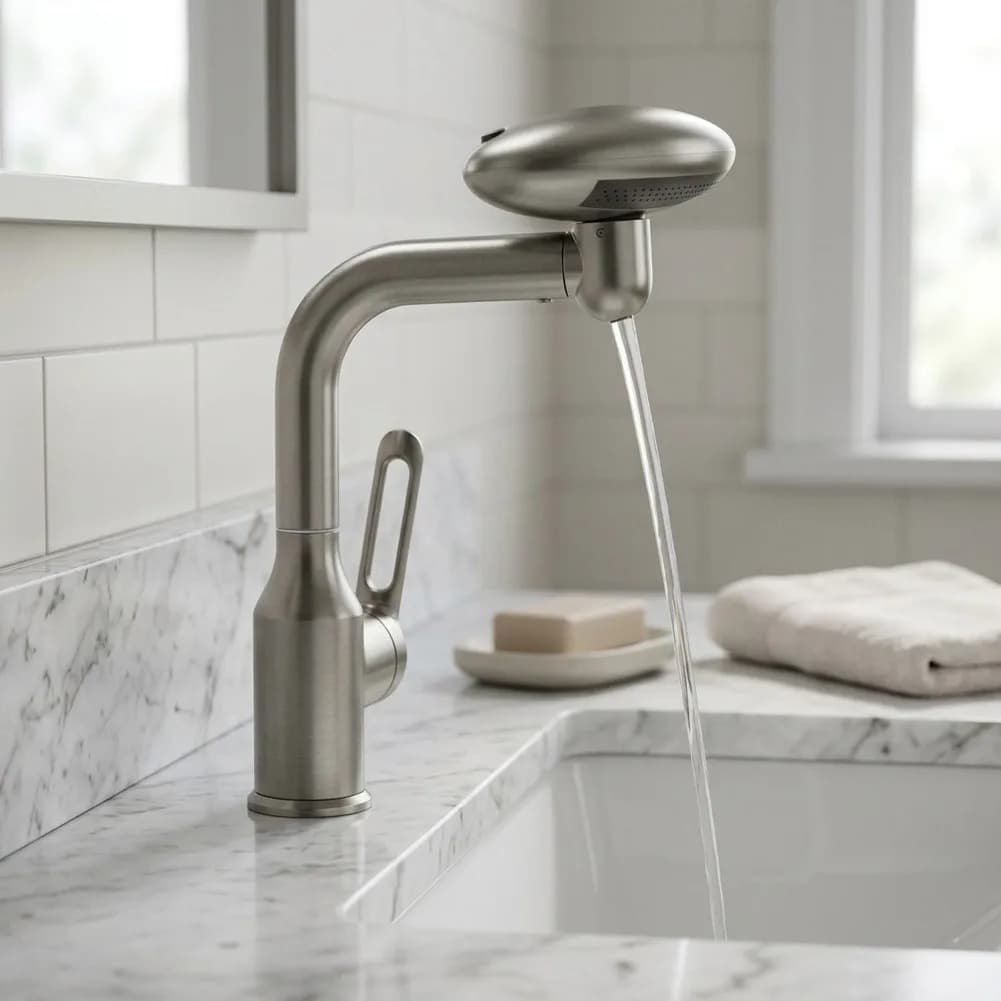 360 Rotatable Gunmetal Bathroom Faucet with Rain Waterfall Aerated Stream and Up Spray Water Flow Modes for Daily Use