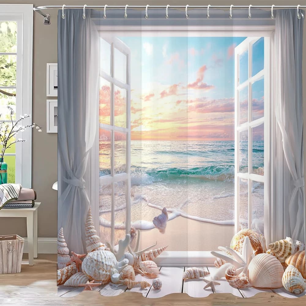 Tenda da Doccia Impermeabile con Stampa Paesaggio Marino e Conchiglie, 1 Pezzo, con Ganci per Privacy e Separazione Ambienti