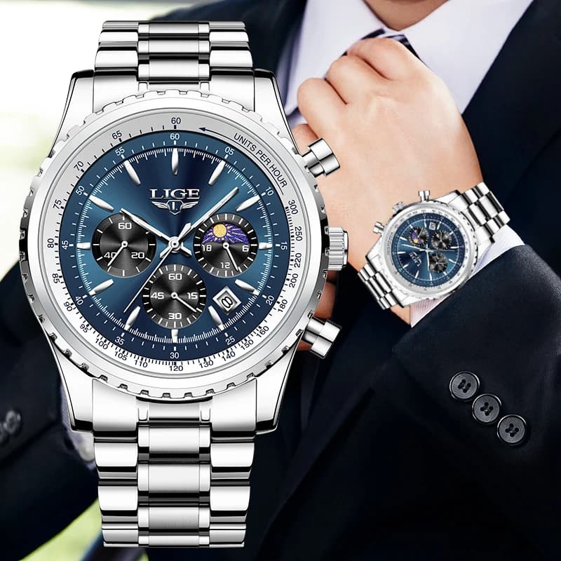 LIGE Brand Luxury Quartz Man Watch Moon Phase orologi in acciaio per uomo Casual Sports data impermeabile orologi da polso straordinari