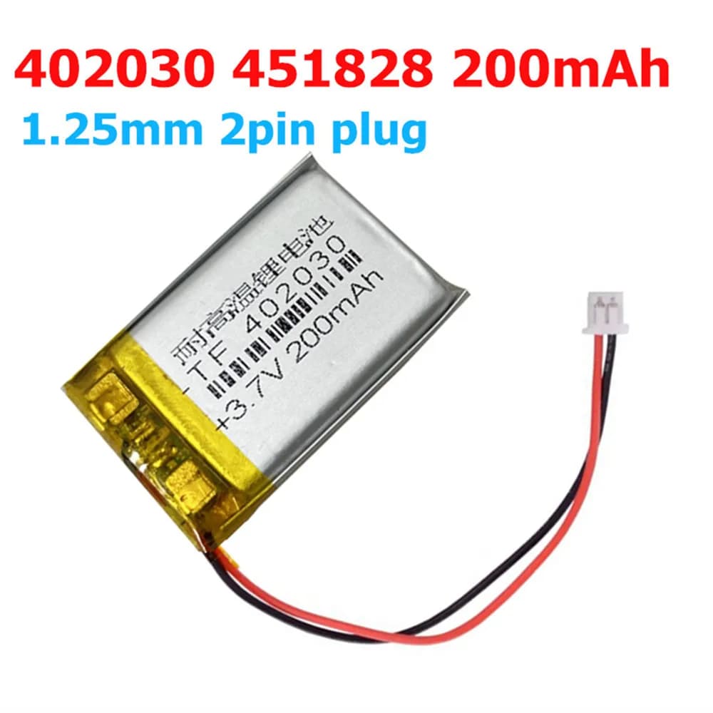 402030 451828 200mAh 3.7V Lithium Polymer Lipo 1.25mm 2pin Plug for MP3 MP4 Bluetooth GPS Headset Recorder Pen