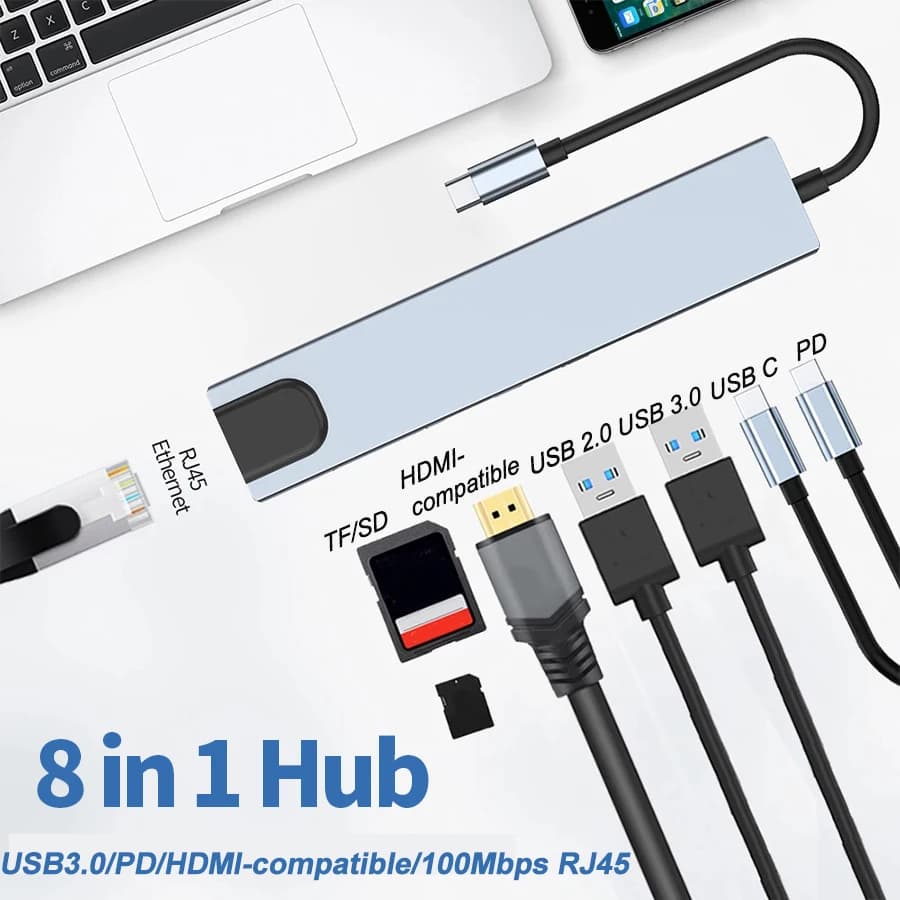 Adattatore USB C Hub tipo C 3.0 a 4K HDMI 8 in 1 con lettore di schede SD/TF RJ45 PD ricarica rapida per computer portatile MacBook Notebook
