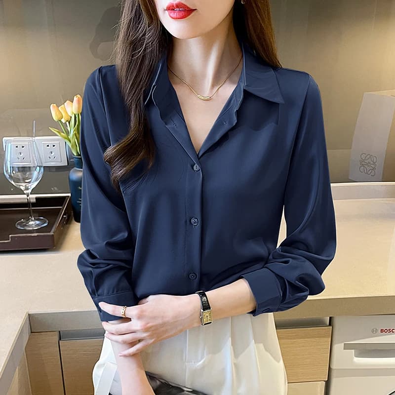 Nuove eleganti camicie in raso camicie da donna in tinta unita moda causale Camicette da donna Camicie a maniche lunghe Top Blusas Mujer