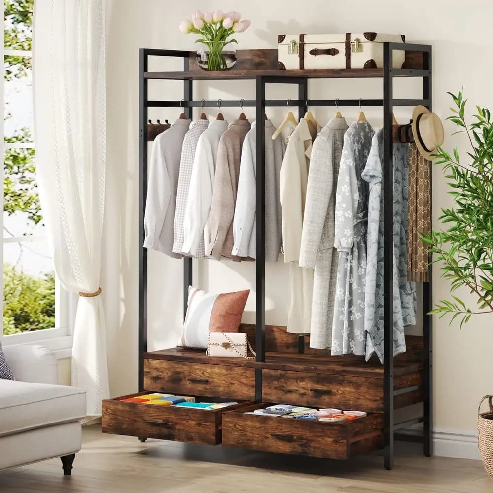 Freestanding Closet Organizer for Hanging Clothes, Heavy Duty Garment Rack with 4 Drawers, 8 Hooks and Storage Shelves, Wardrob