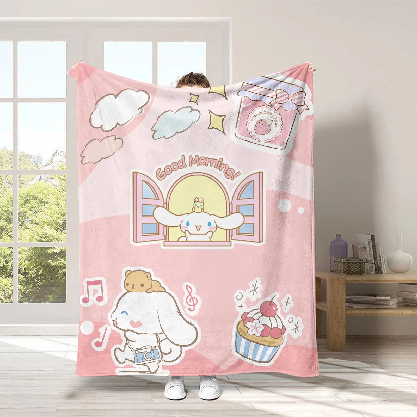 Coperta in flanella Cinnamoroll Kawaii, stampa Sanrio Sweet Pink, morbida e accogliente coperta per letto e divano, decorazione per la casa in stile anime Kawaii