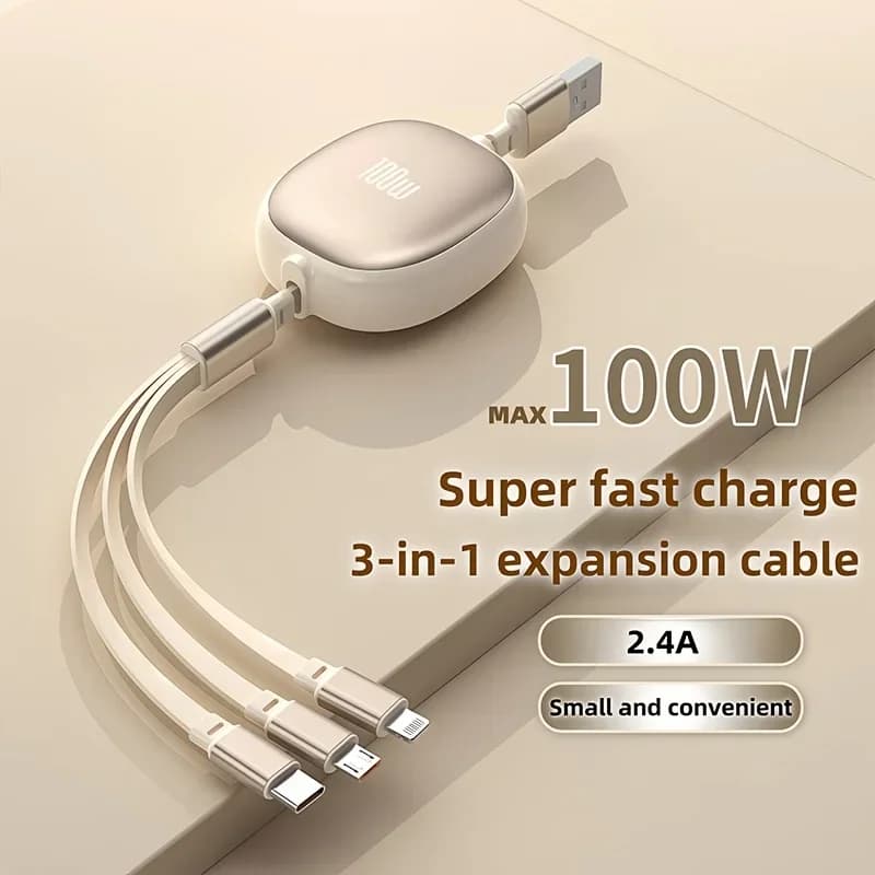 Cavo di ricarica USB retrattile 3-in-1, ricarica rapida 100W, compatibile da USB a C, utilizzabile per iPhone.