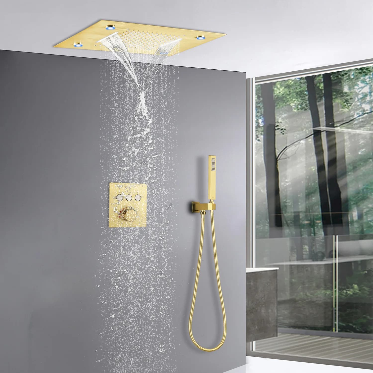 KEMAIDI Thermostatic Shower Faucet LED Concealed Install Bathroom Shower Faucet Set W/ Rainfall Big Shower Head Shower Systerm