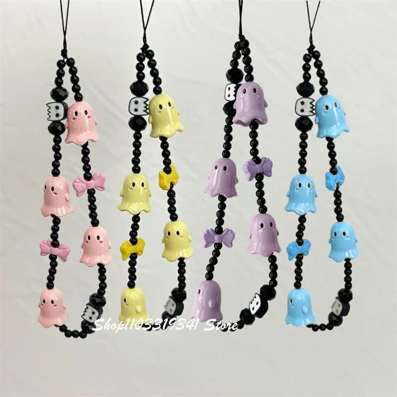 INS Cute 3D Ghost Bowknot Beaded Phone Charm Chain For Phone Case Phone Straps Accessories Anti-Lost Keychain Lanyard Girl Gift