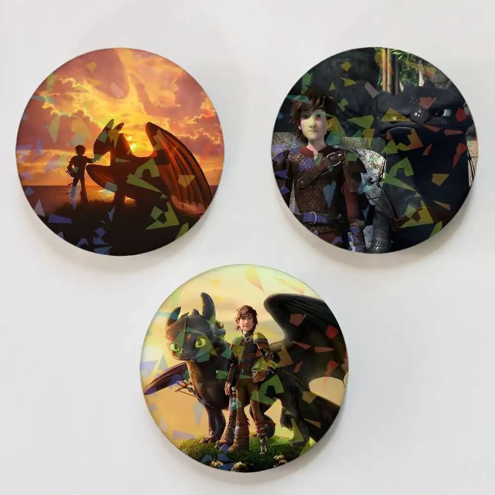 Cartoon H-How to Train your Dragon Round Exquisite Laser Badge Brooches Creative Pins For Clothes Hat Backpack Gift Accessories