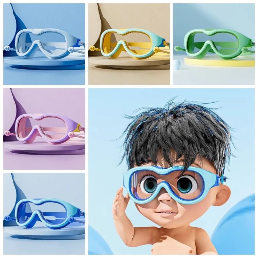 Large Frame Kids Swim Goggles with Ear Plug Anti Fog Swimming Goggles Wide View PC Glass Diving Goggles Set Boys and Girls