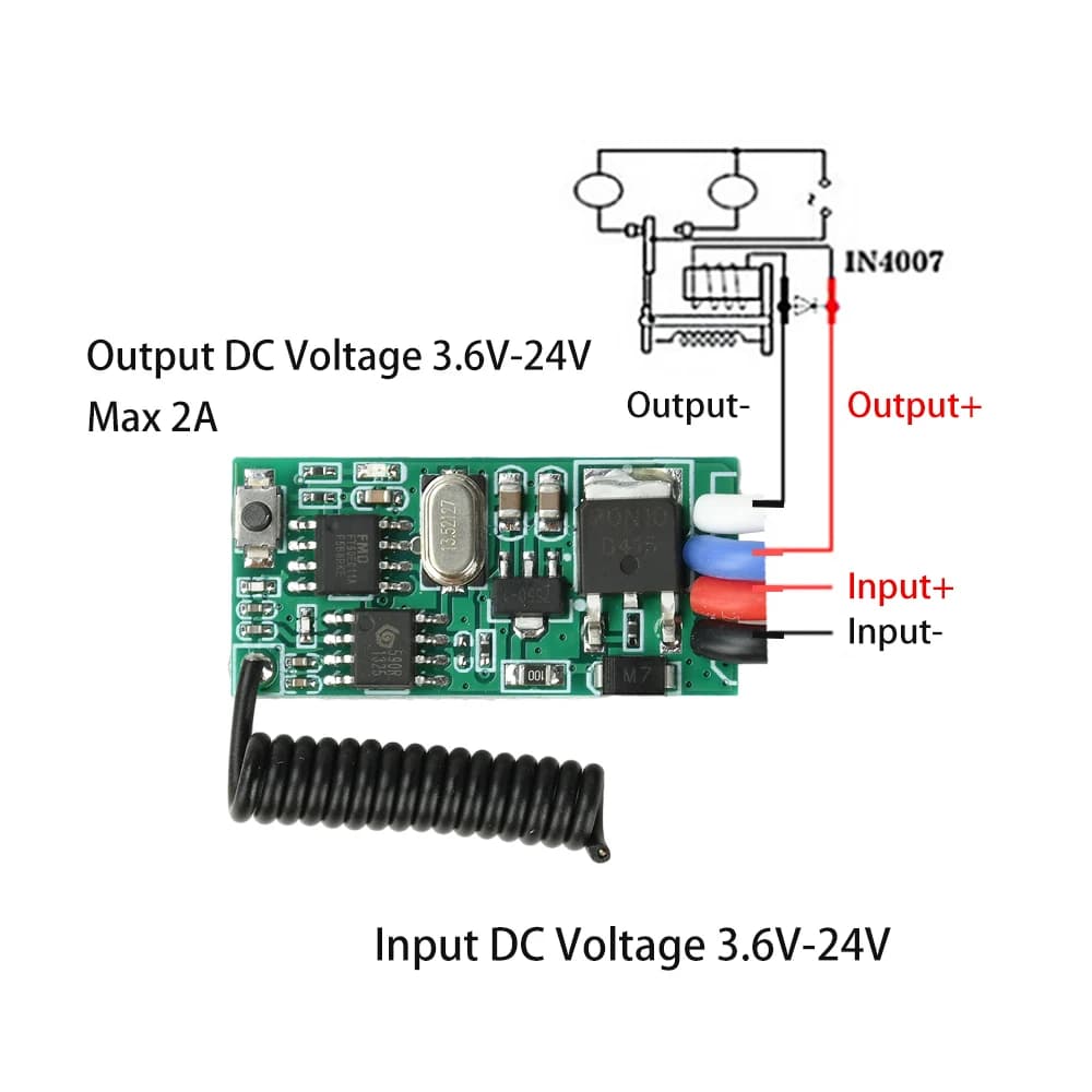 Mini ricevitore 433 MHz DC 3.6 V-24 V 2A Mini interruttore di telecomando 12 V/24 V Interruttore di controllo remoto di controllo accessi LED a canale singolo