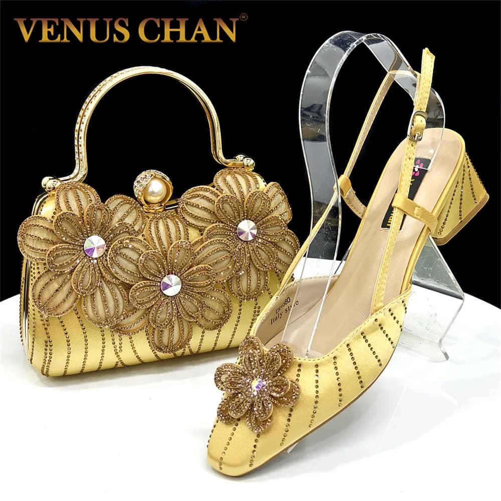 2026 Set of bags with elegant gold colored women's heel with rhinestones embellished with shoes signed for weddings Special events