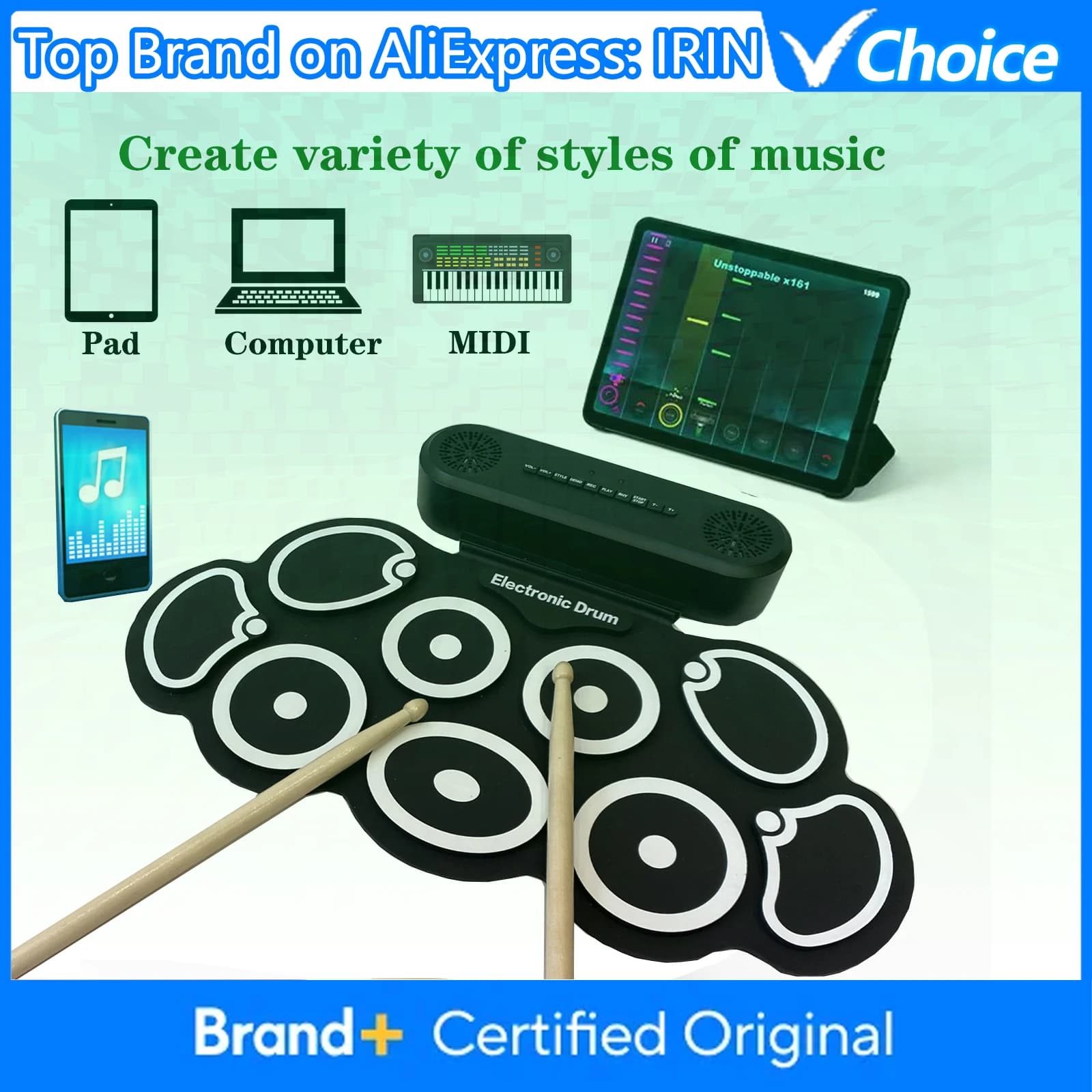 IRIN G7 Set di Batteria Elettronica con 9 Pad in Silicone Arrotolabili, Altoparlanti Stereo Integrati, Pad per Pratica di Batteria