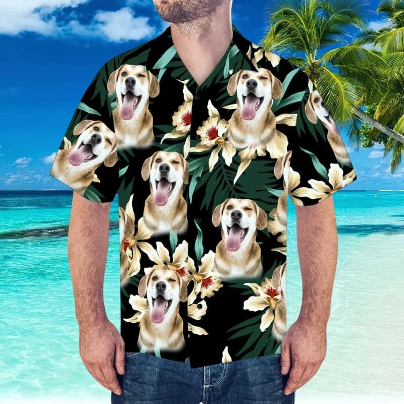 Personalized Pet Face Print Aloha Shirt Custom Pet Dog Photo With Watermelon Slice And Flower Pattern Short Sleeve Beach Blouses
