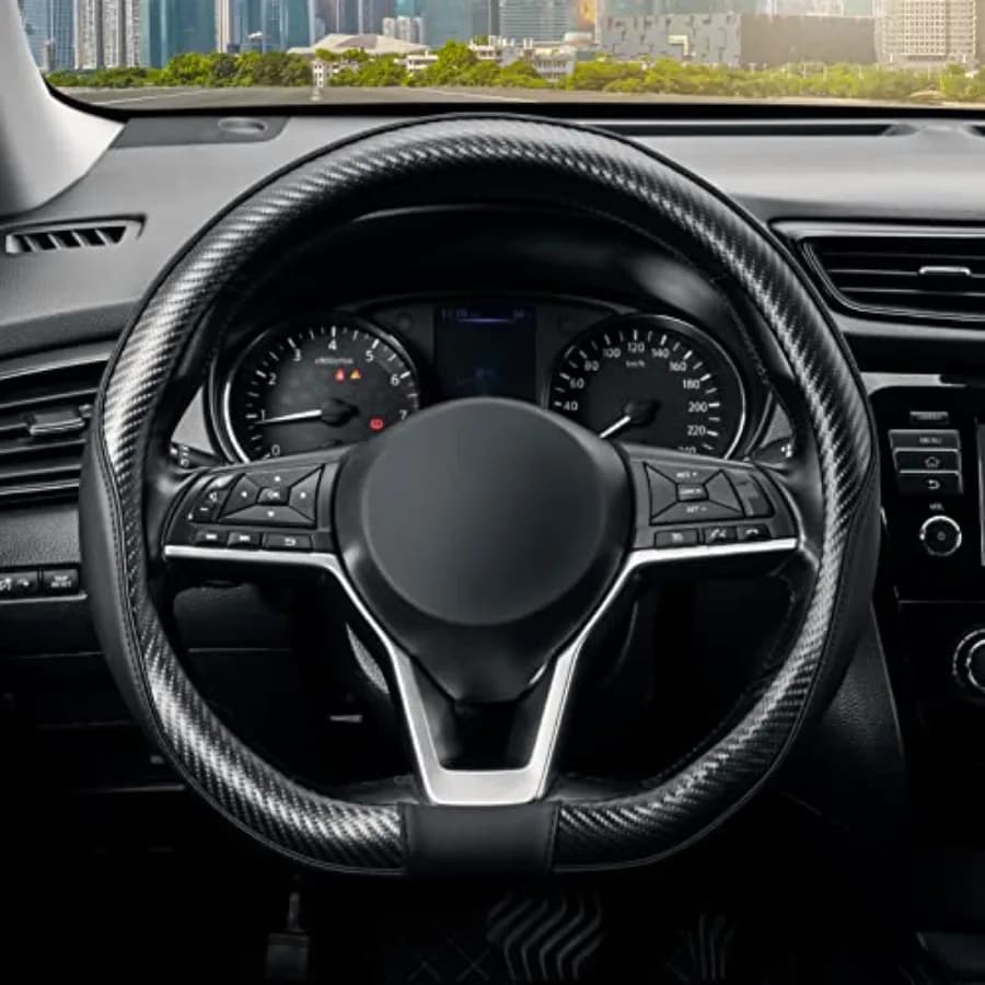 Flat Bottom Steering Wheel Cover Carbon Fiber D Shaped Car Wheel Cover 14 1 215 in. 3739 cm Black Microfiber Leather with Carbo