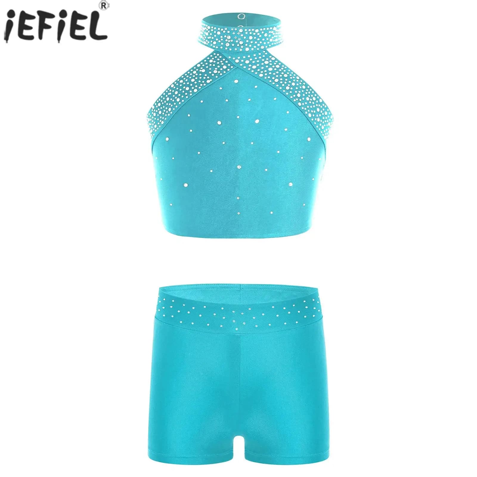 Bambini Ragazze Pattinaggio di Figura Ginnastica Vestito da Ballo Strass Lucidi Gilet Senza Maniche con Pantaloncini Costume da Spettacolo Teatrale di Balletto