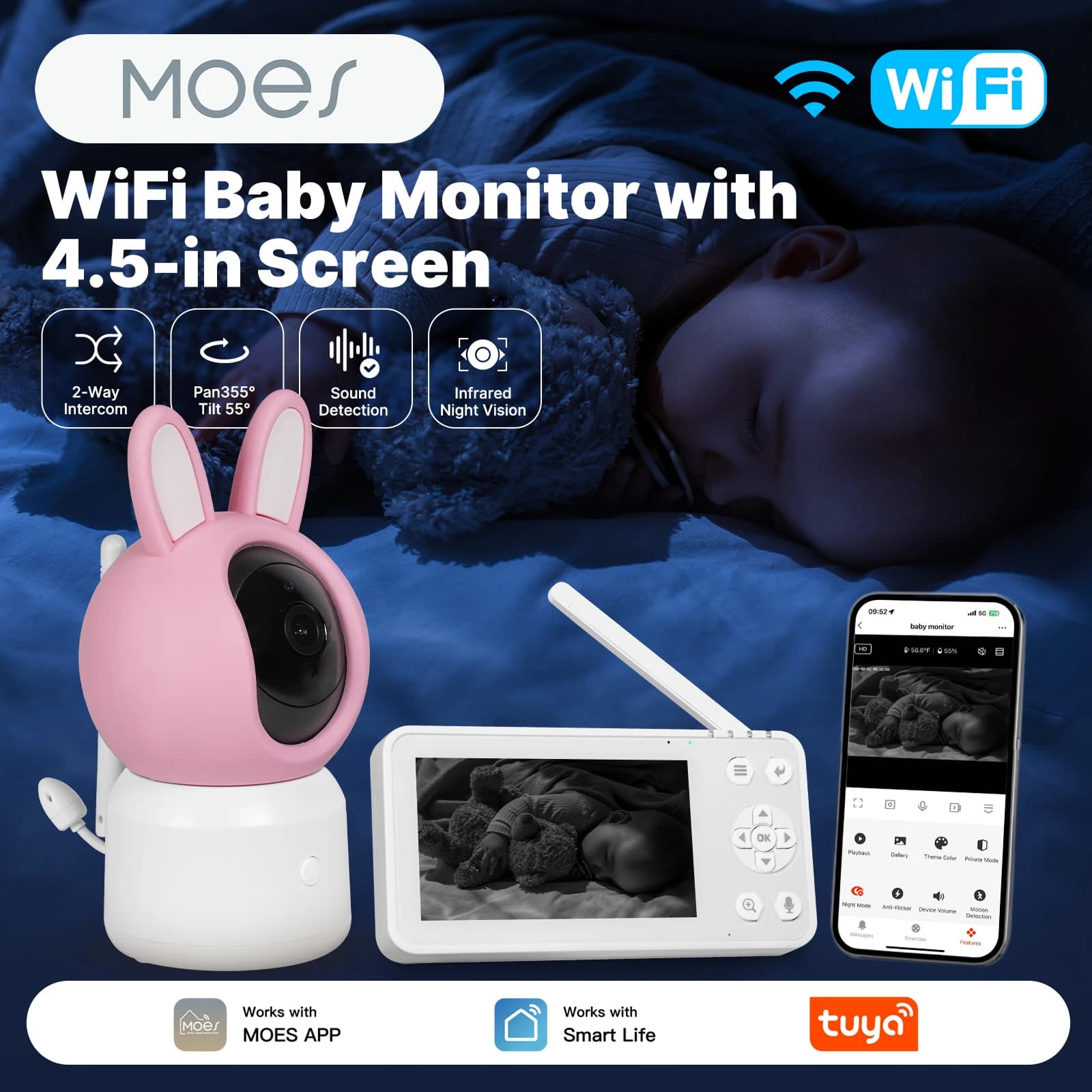 Telecamera di Sicurezza MOES Tuya WiFi Smart per Bambini e Animali Domestici con Schermo LCD da 4,5 Pollici, Zoom PTZ, Sensore di Temperatura e Ninna Nanna