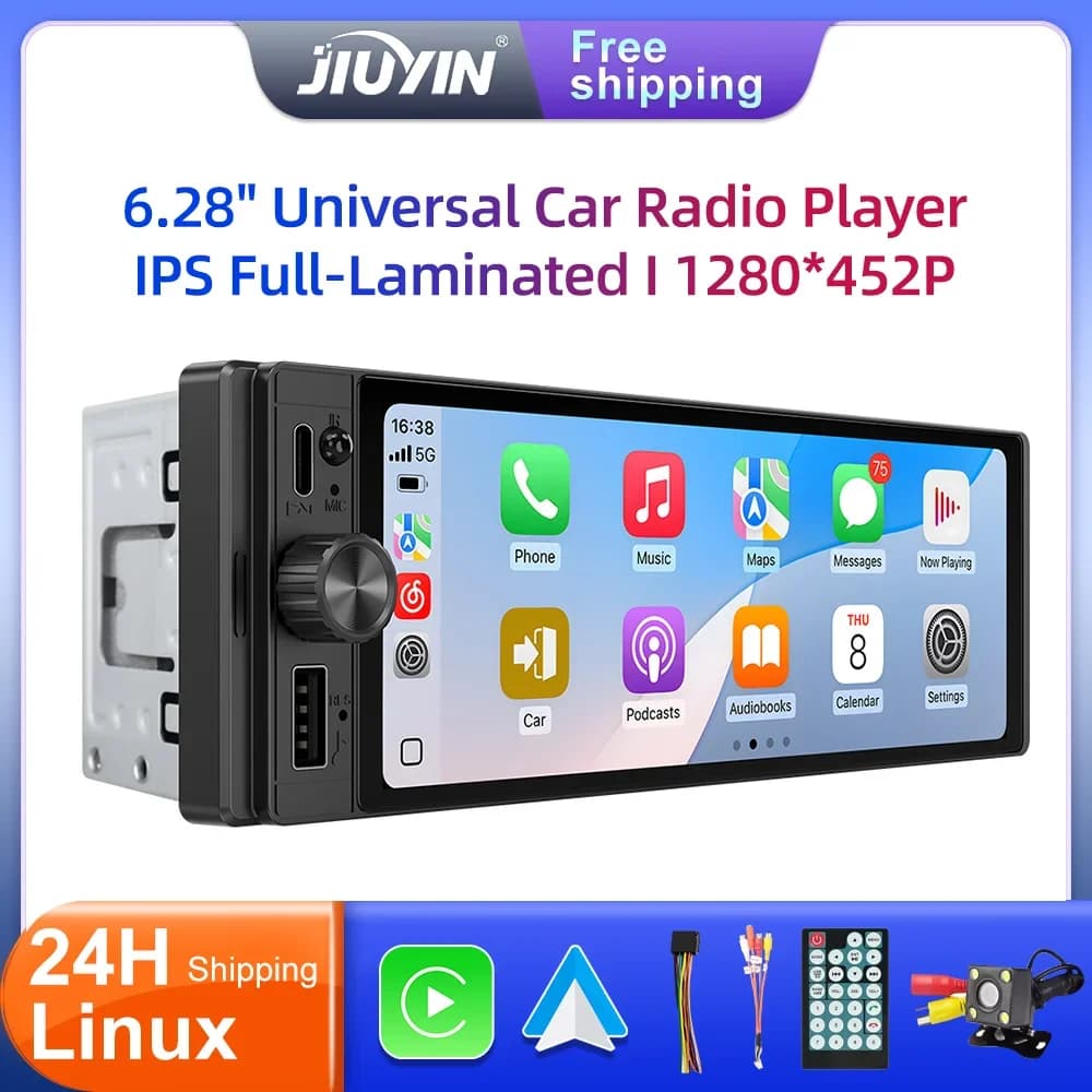 JIUYIN 1Din 6.28 ''Wireless CarPlay Android Auto IPS Touch Screen Universale Autoradio FM Stereo MP5 Multimediale Lettore GPS