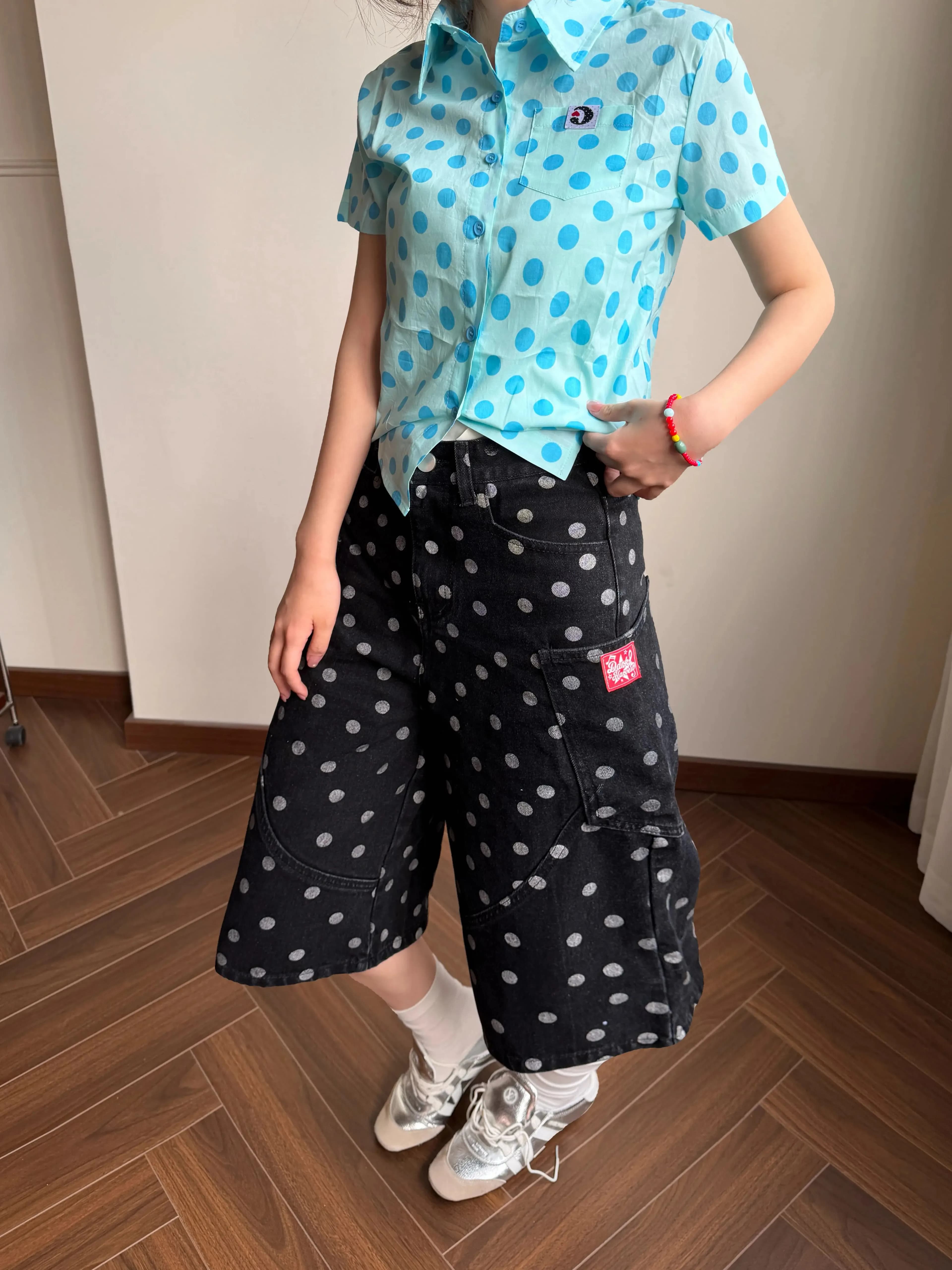Retro American Casual Polka Dot Wide Leg Straight Cut Shorts with Large Pockets for Men And Women Summer Trend Loose Fit Jeans