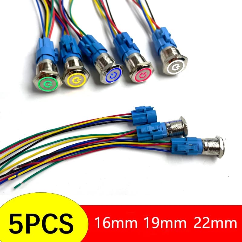 5 pezzi interruttore a pulsante in metallo 12v 16mm 19mm 22mm anello lampada simbolo di alimentazione luce LED impermeabile ripristino autobloccante con connettore 220