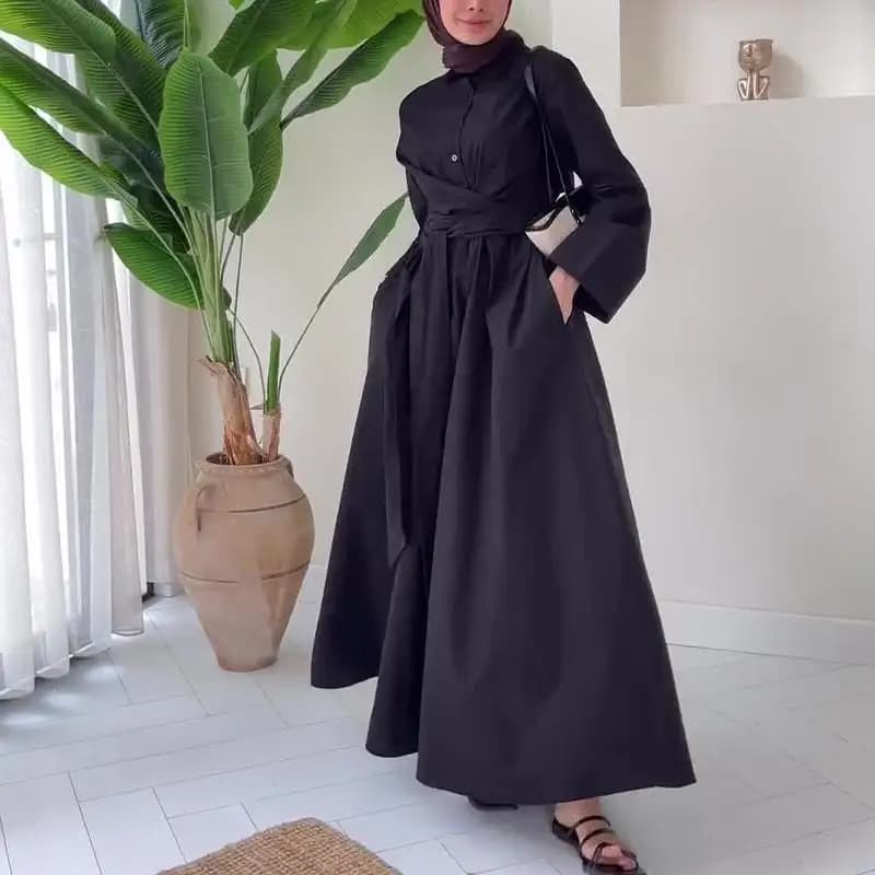 Elegante Abito Chemisier a Vita Alta con Cintura da Donna Autunno 2024, Gonna Lunga da Lavoro in Fibra di Poliestere a Maniche Lunghe con Colletto Risvoltato