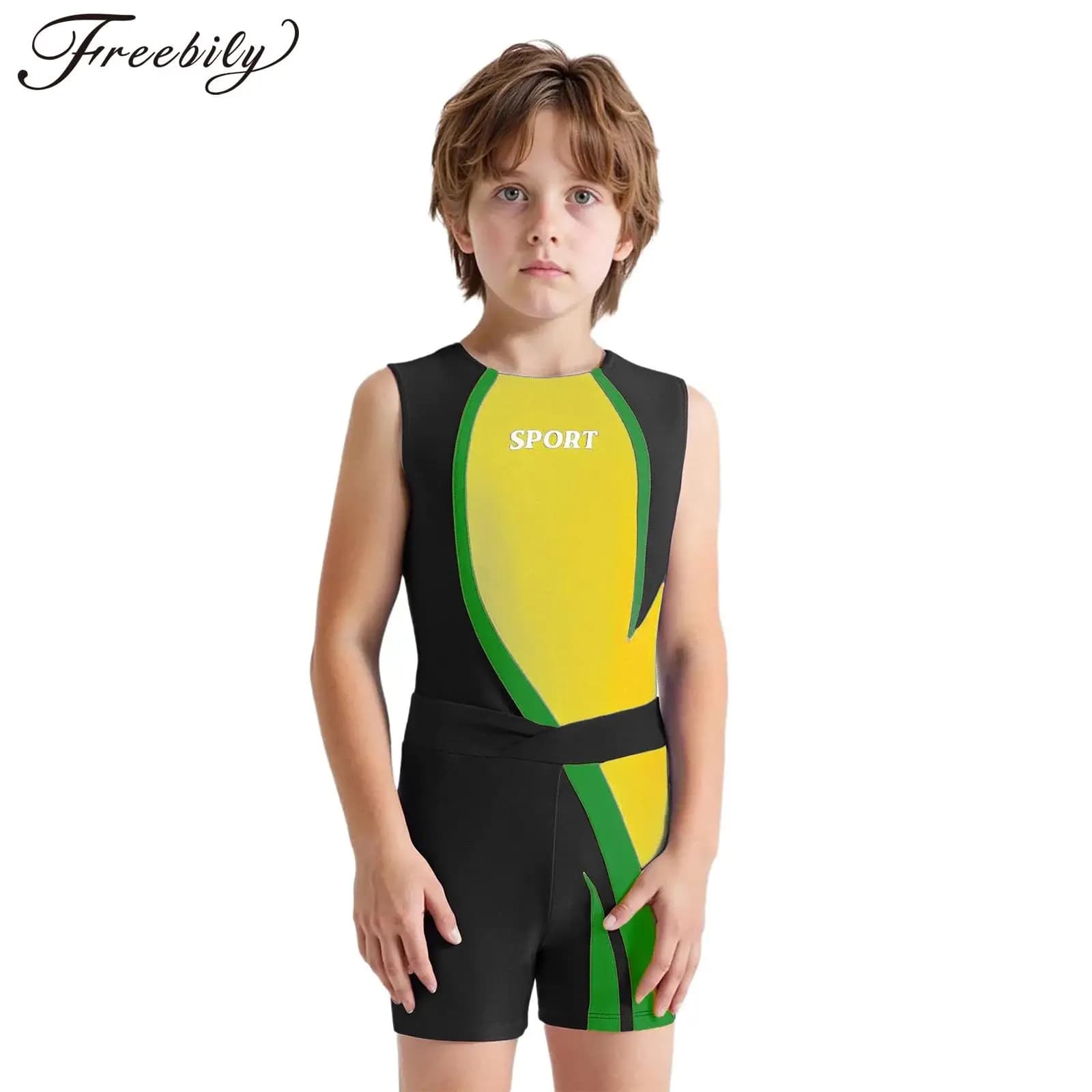 Kids gymnastics dance costume, for boys, sleeveless, with letter print, body with sports shorts, yoga training, cycling, sports clothing