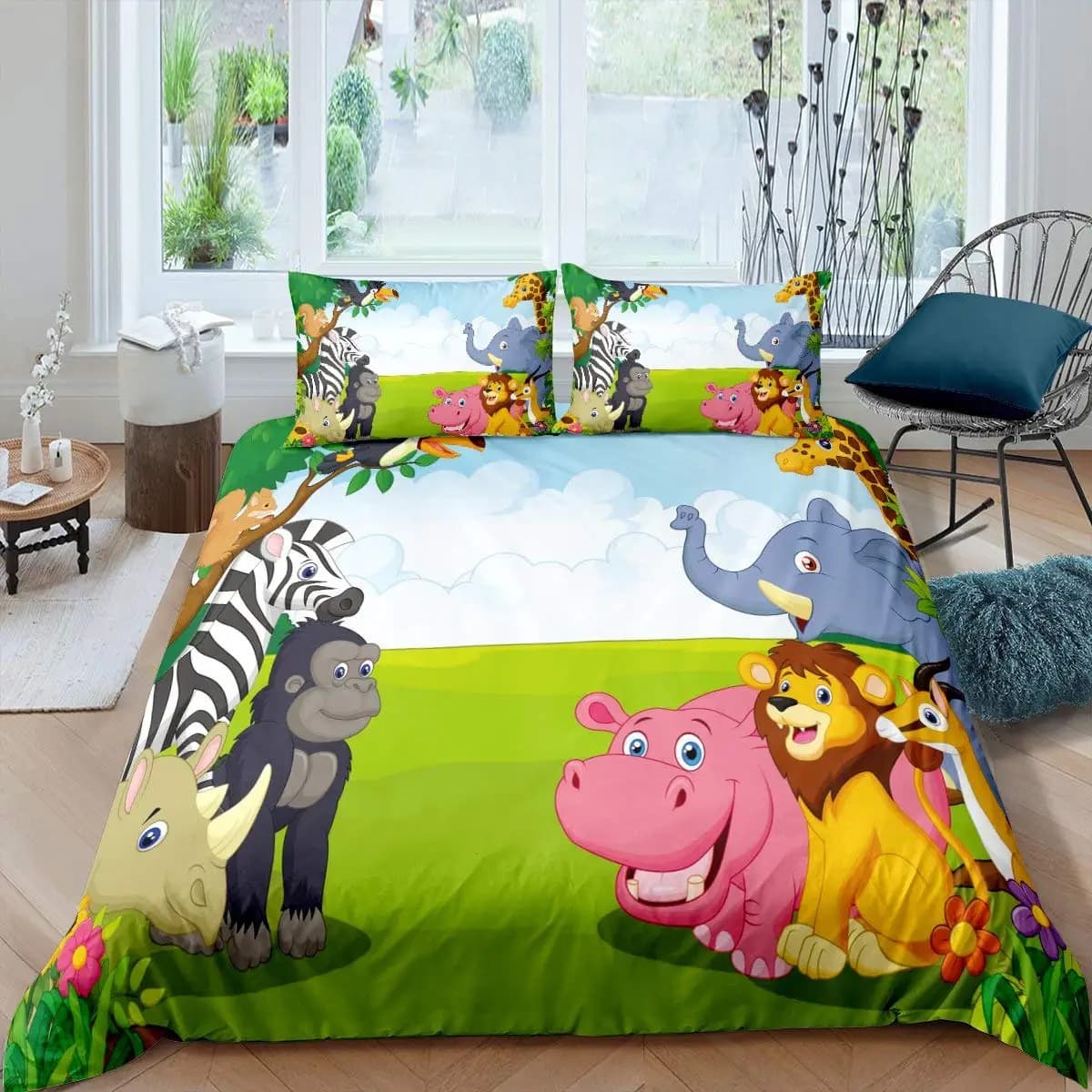 Cartoon Animals Duvet Cover Set King Size Savannah Tropical Forest Jungle Wildlife Bedding Set Kids Zoo Polyester Quilt Cover