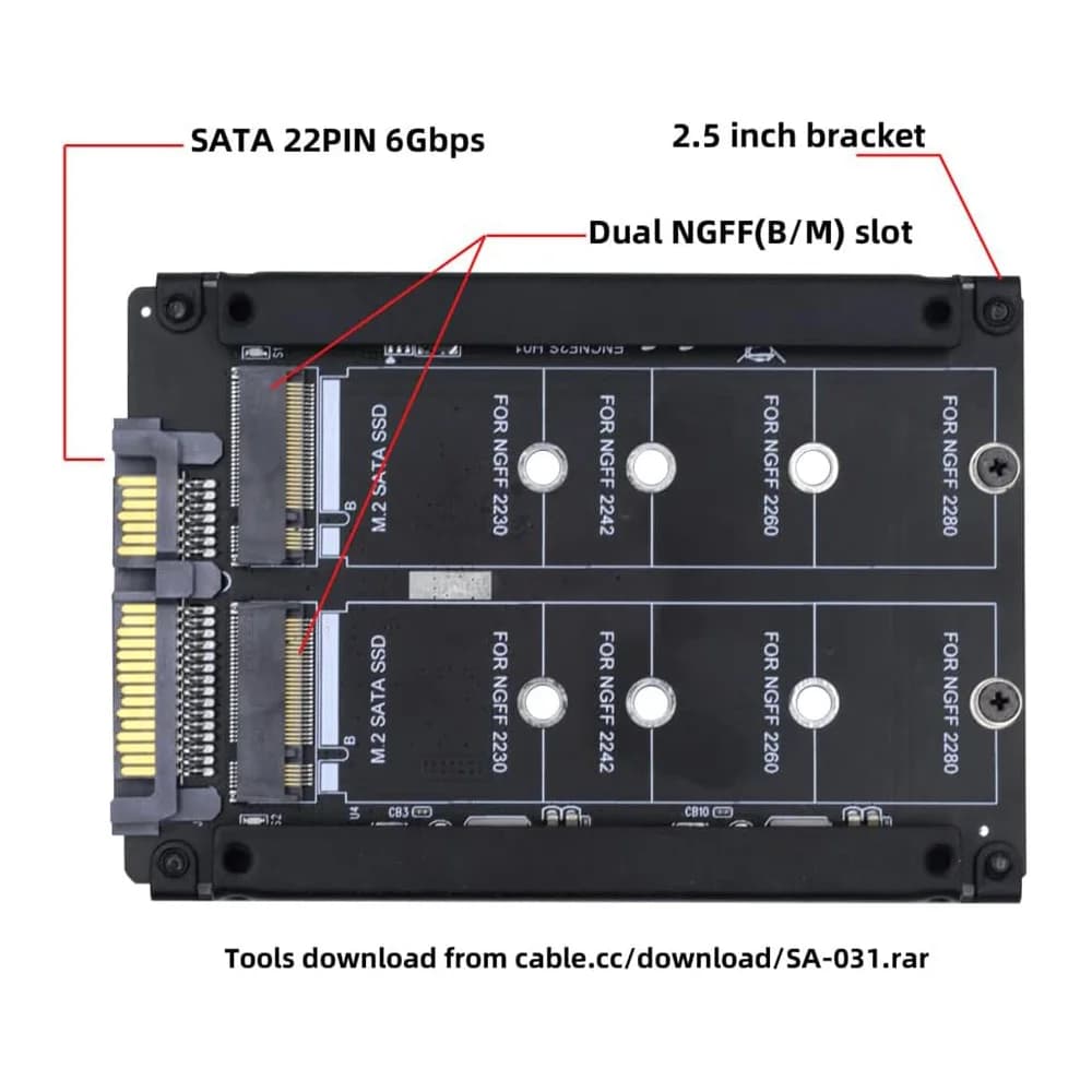 JoniSerl Dual NGFF B+M Key M.2 SSD Card JBOD Raid0 Span Bridge to 2.5inch SATA Combo HDD Disk Drive Enclosure