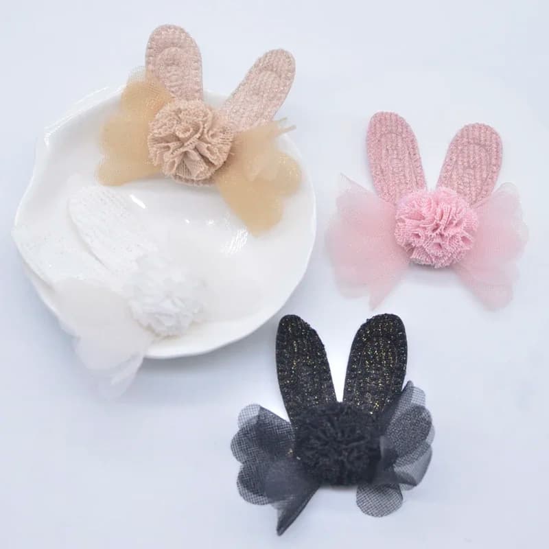 10Pcs Rabbit Ear with Chiffon Ball for DIY Clothes Socks Gloves Shoes Patch Fabric Sewing Applique Headwear Hat Hair Clips Decor