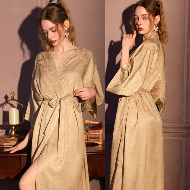 Elegante Vestaglia Lunga in Jacquard Kimono, Camicia da Notte Femminile Primavera-Estate 2026, Abbigliamento da Casa in Raso Setoso