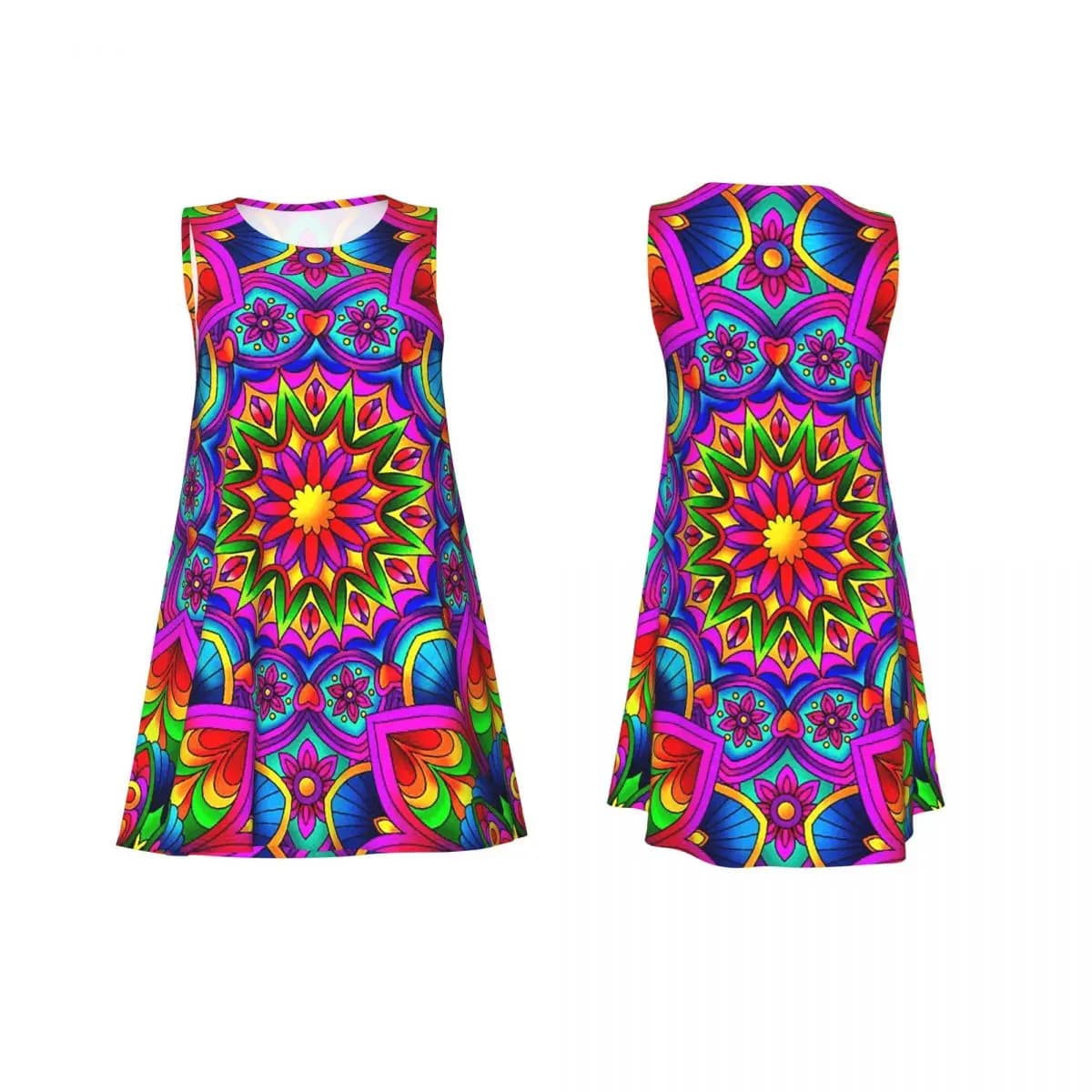 Abito estivo da donna con stampa mandala colorata psichedelica, elegante, senza maniche, girocollo, vestito ampio, stile street.